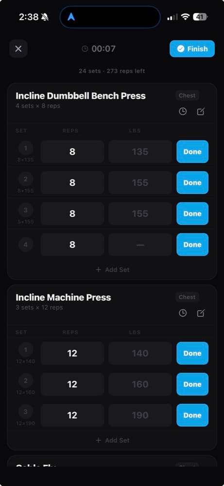Battle Athletic iOS app logging a workout, with sets, reps and weight for Incline Dumbbell Bench Press and Incline Machine Press and a Done button on each set